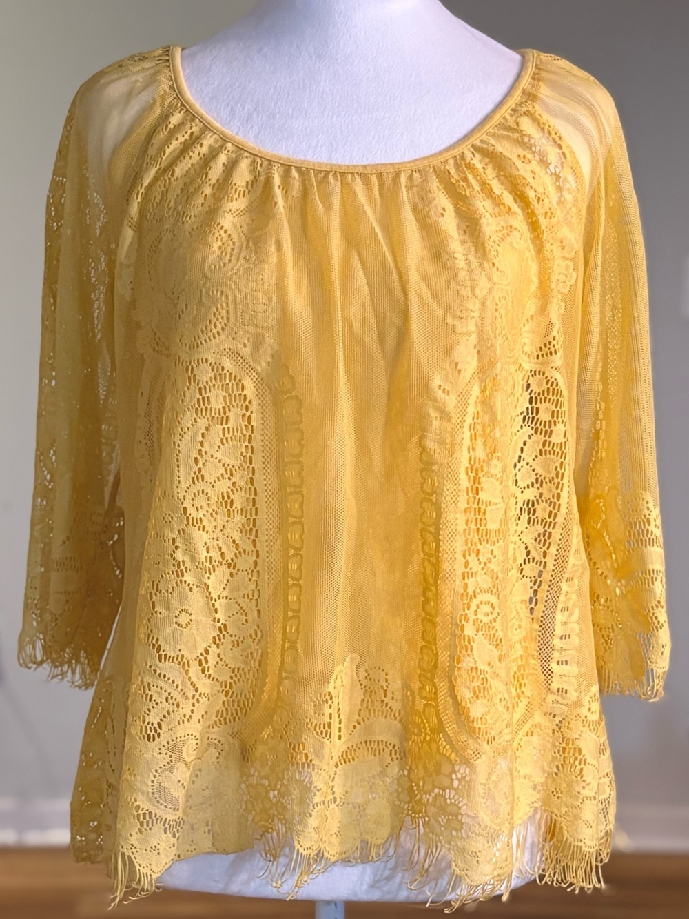 Yellow Lace Fringe Hem Sheer Boho Tunic Set with Camisole, Petite S